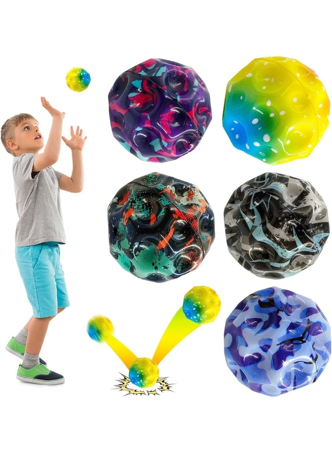 Pack of 6 Astro Jump Galaxy Rubber Balls | High Bouncing Space Moon Balls | Lightweight Stress Relief Toy for Kids & Adults