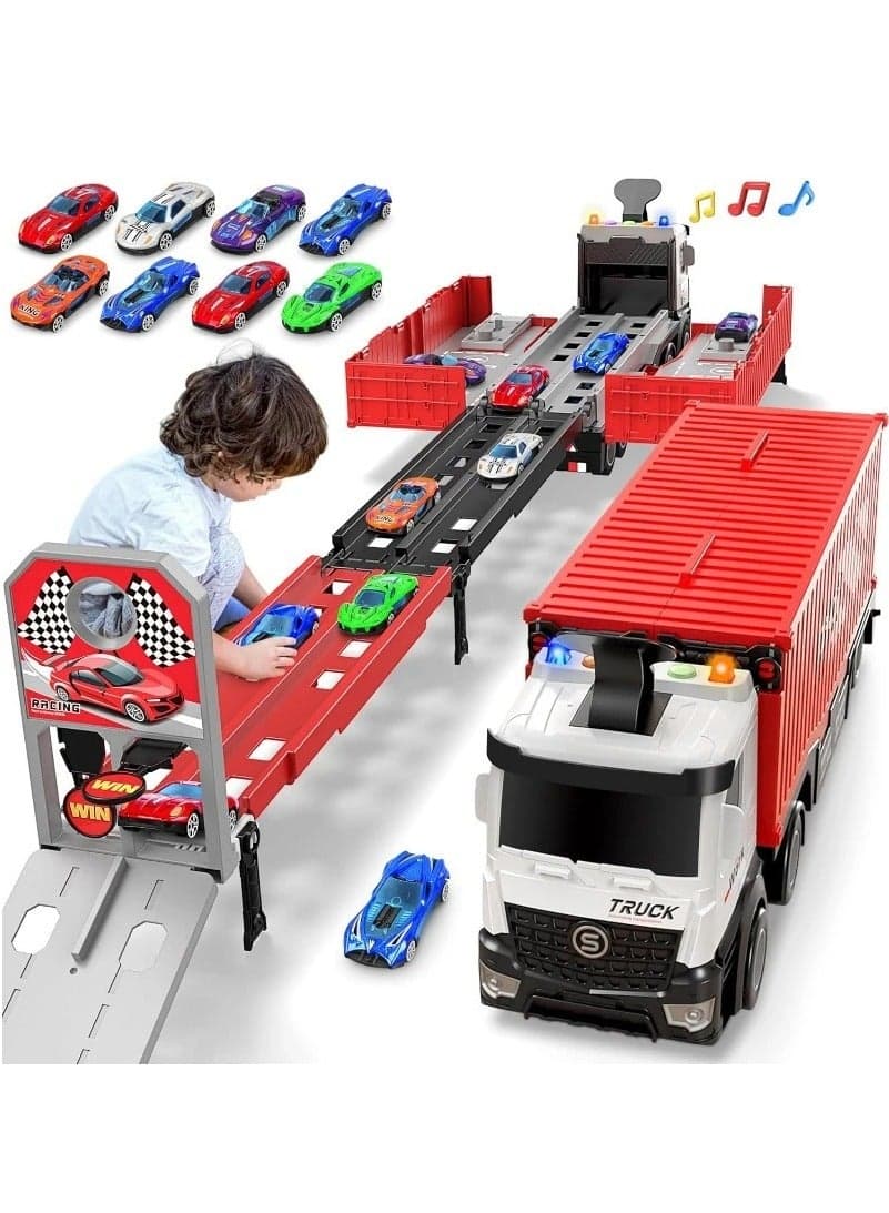 Kids Race Track Carrier Truck Toy – Foldable 3-Level Car Track Playset with 8–15 Die-Cast Cars, Transport Truck Toy for Toddlers Ages 3-6+, Educational Gift for Boys & Girls, No Batteries Needed