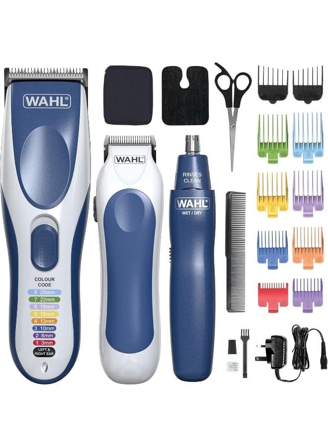 Colour Pro Cordless 3 in 1, Hair Clippers for Men, Family Haircutting Kit, Head Shaver, Men's Hair Clippers with Beard Trimmer, Nose Trimmer, Personal Trimmers, Grooming Kit - 3025266 Blue & White