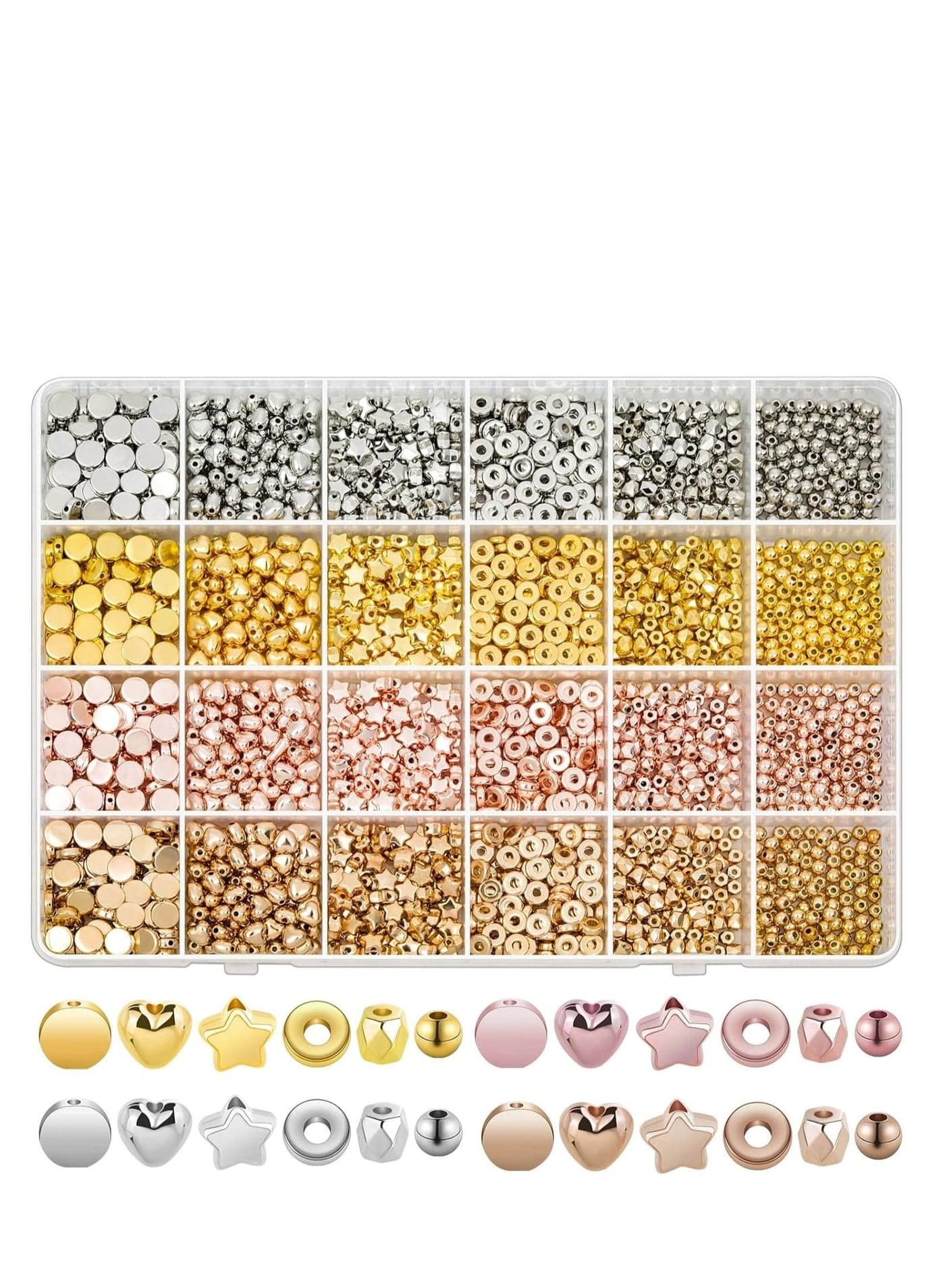 2160PCS Gold Spacer Beads Set – 6 Styles in 4 Colors (Gold, Silver, Rose Gold, KC Gold) – Assorted Round, Heart, Star, Small & Flat Beads for Jewelry & Bracelet Making | Gift for Kids & Adults