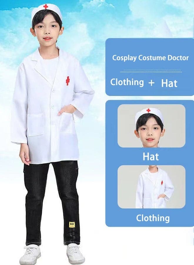 Toddler Doctor Role Play Costume Set 2Pcs White Doctor Coat & Cap for Kids Durable Outfit for Career Day School Performance Halloween Party & Pretend Play
