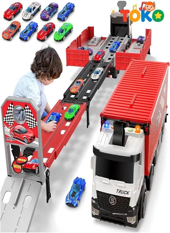 Race Car Track Toy Set | Foldable Track with 8 Alloy Cars | Transport Truck Carrier | Slot-Style Racing Game | for Kids 3+ Years