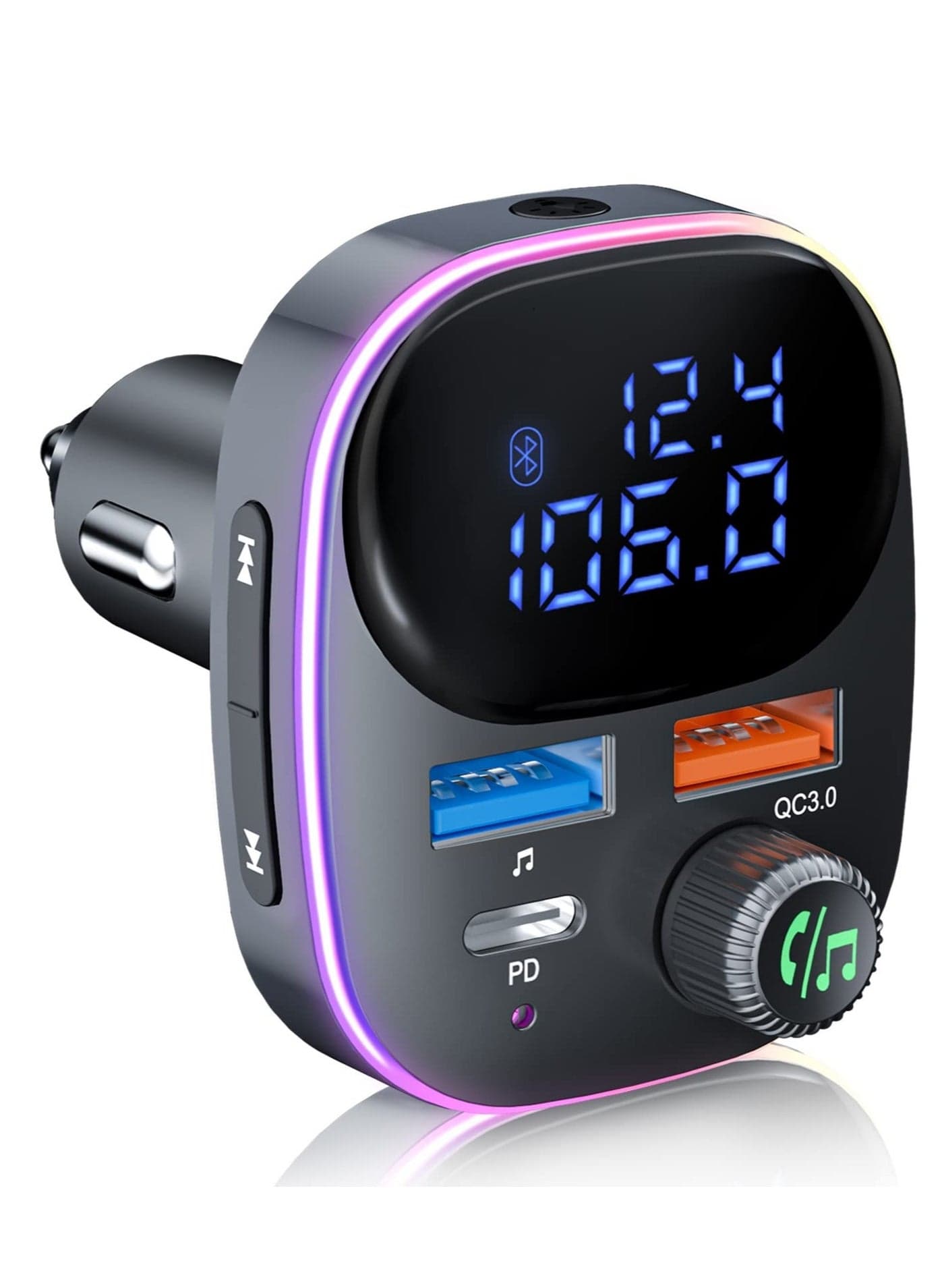 Newest Bluetooth V5.3 FM Transmitter, Bluetooth Car Transmitter Car Radio Transmitter Hands Free Car Kit MP3 Player QC3.0 PD3.0 Car Charger with LED Display Support USB Drive Colorful Light