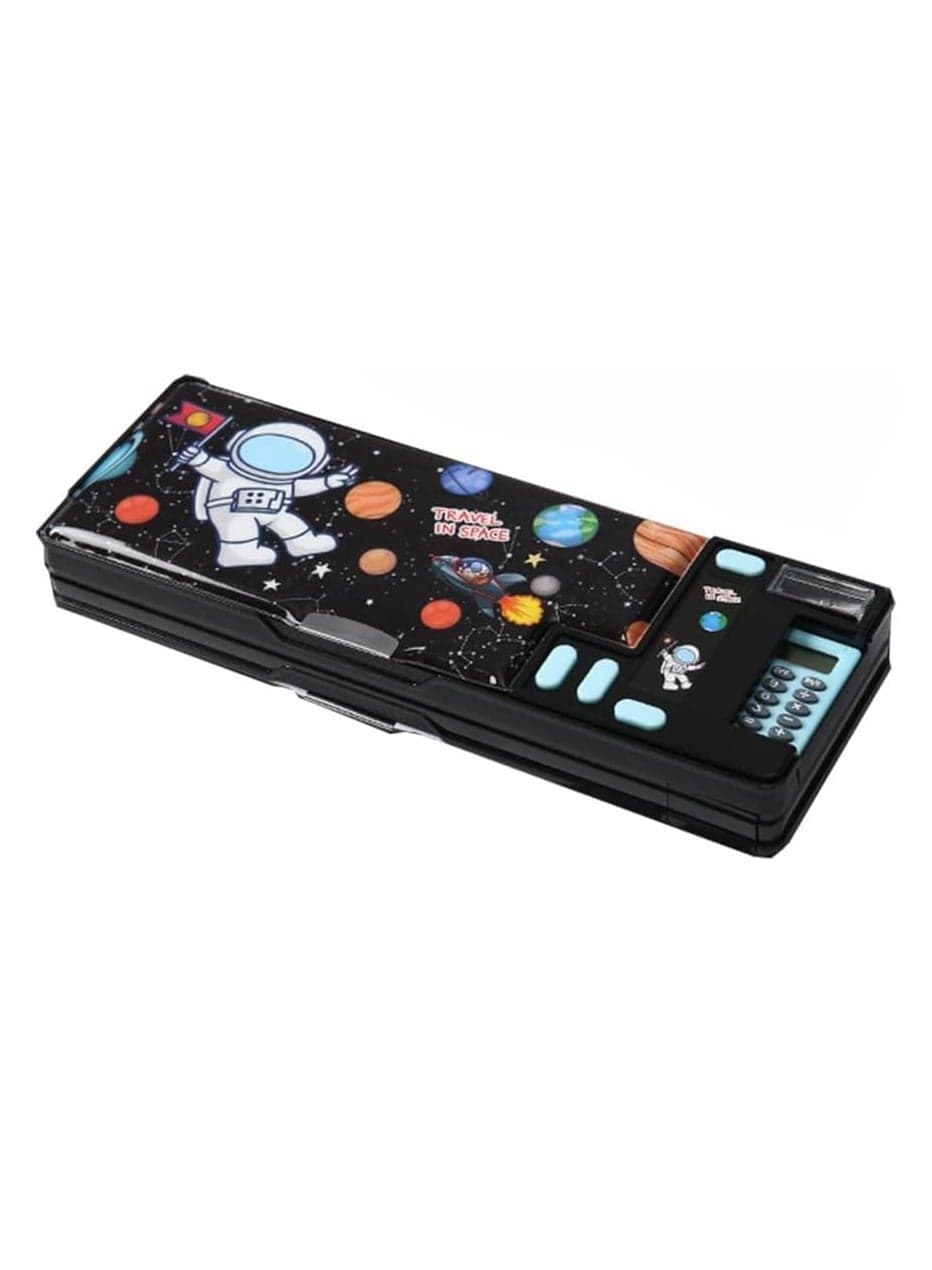Pop Up Multifunction Pencil Case for Kids, with Calculator Sharpener Cute School Supplies Multifunction Stationery Organizer Space Gift for Kids Teens (Black)