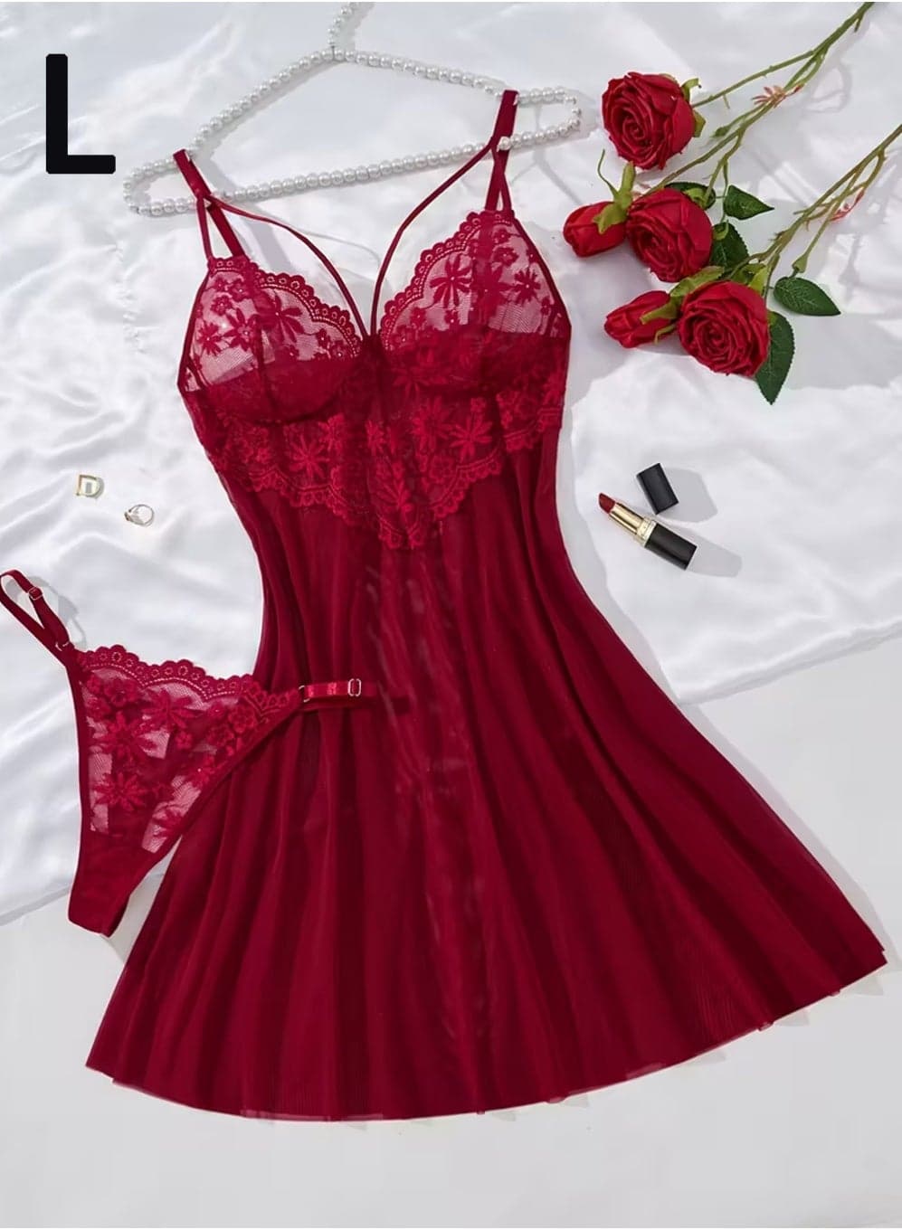 Elegant Solid Color Short Sleep Dress Wine Red Lace Mesh Panel Bra, Fashionable Semi-Sheer Nightwear with Dual Straps(L)
