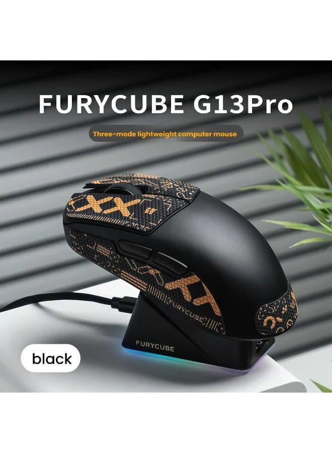 FURYCUBE G13Pro Lightweight Wireless Gaming Mouse with RGB Charging Dock, Tri-Mode 2.4G/USB-C Wired/BT, 22K DPI, PAW3311 Optical Sensor, HUYU Switch, 5 Programmable Keys for PC/Mac (Black & Sticker)