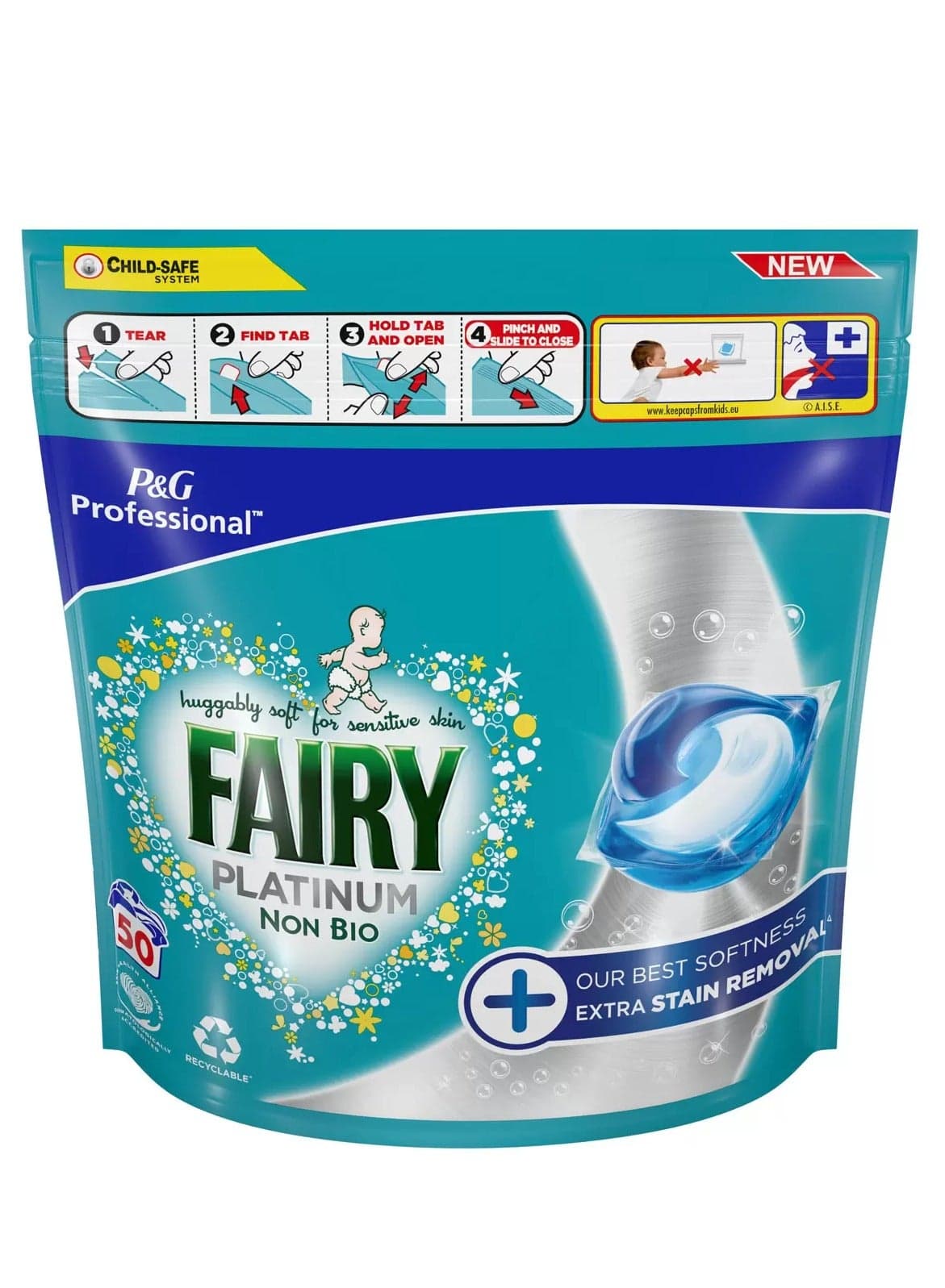 50 Non-Bio Platinum Pods With Extra Stain Removal, Washing Tablets Capsules For Baby And Sensitive Skin - Laundry Detergent With Child Lock System
