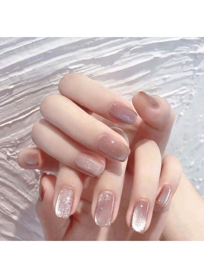 Rose Gold Glitter Press On Nails Almond Square Short Fake Nails Nude Pink Shimmer Gradient Acrylic False Nails Reusable Full Cover Stick On Nails Bridal Party Daily Wear