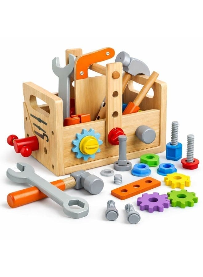 Wooden Tool Set for Kids, Montessori Wooden Tool Box with Saws, Screws, Hammers, Creative Construction Toys, Educational Gifts for Boys and Girls