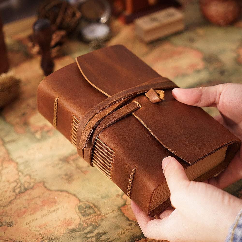 Leather Bound Journal for Men Women Rustic Vintage Handmade Large Writing Notebook for Business Travel Daily Notepad Sketchbook Gift(Brown)