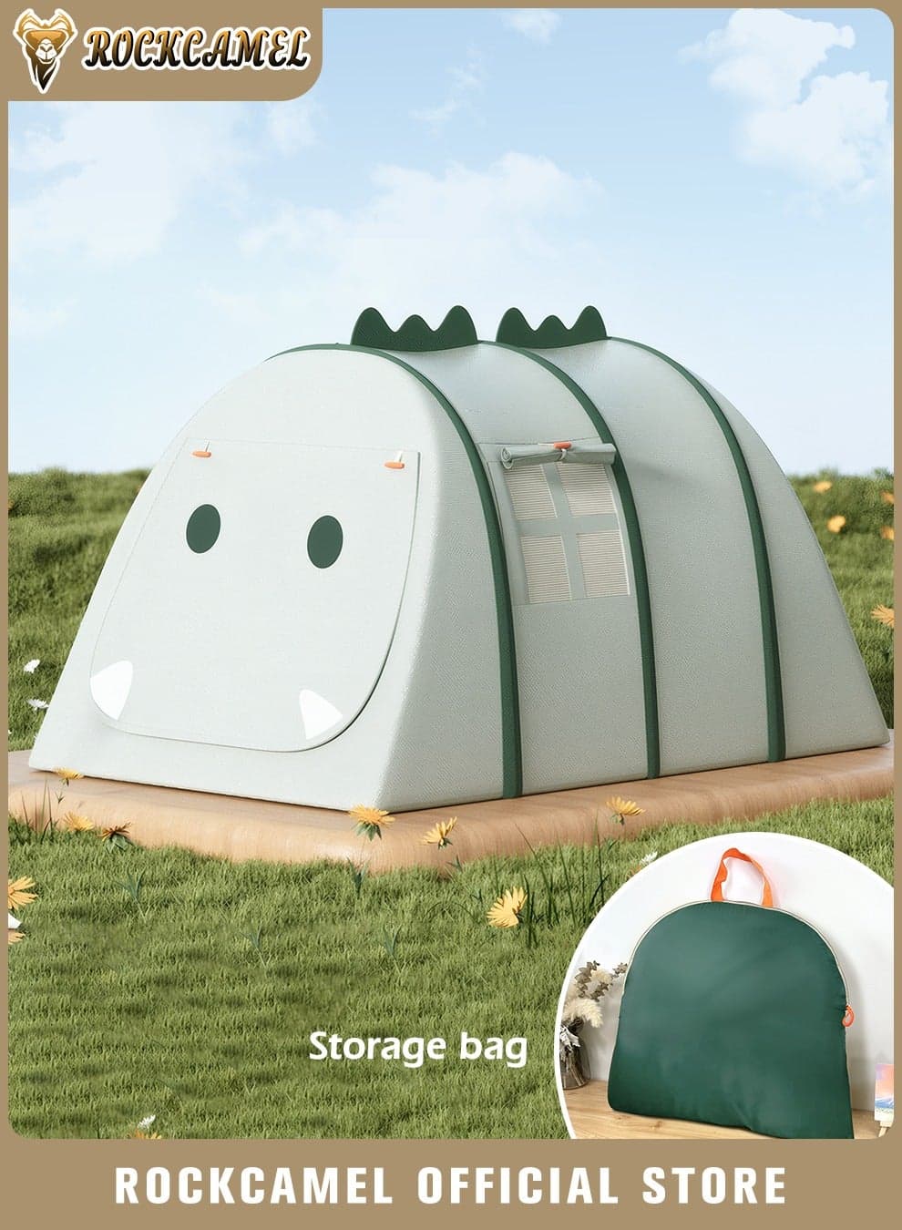 Dinosaur Shaped Kids Play Tent, Instant Setup Pop-Up Playhouse with Mesh Windows and Carry Bag, Mother-Baby Safe Fabric, No Assembly Needed Gift for Toddlers Indoor & Outdoor(132*102*82 cm, Green)