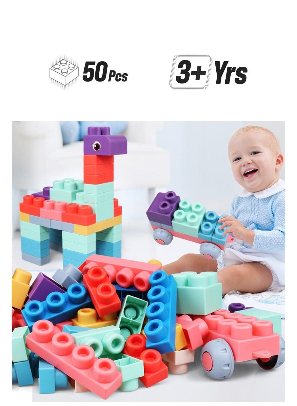 Soft Building Blocks for Toddlers - 50 PCS Large Baby Blocks Toy, BPA-Free Silicone Teething Blocks, Boilable & Bite-Resistant, Safe Big Blocks Toys for Kids 6 Months to 5 Years, Educational Stacking Construction Set, Quiet Sensory Bath Toy for Boys & Girls