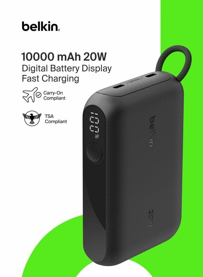 Portable Charger, Slim USB-C Power Bank 10,000mAh with 2 USB-C Ports, Digital Battery Display, 20W Charging for iPhone 16, 15, Plus, Pro, Pro Max, Samsung Galaxy S25, S24, Pixel 9, iPad, & More black