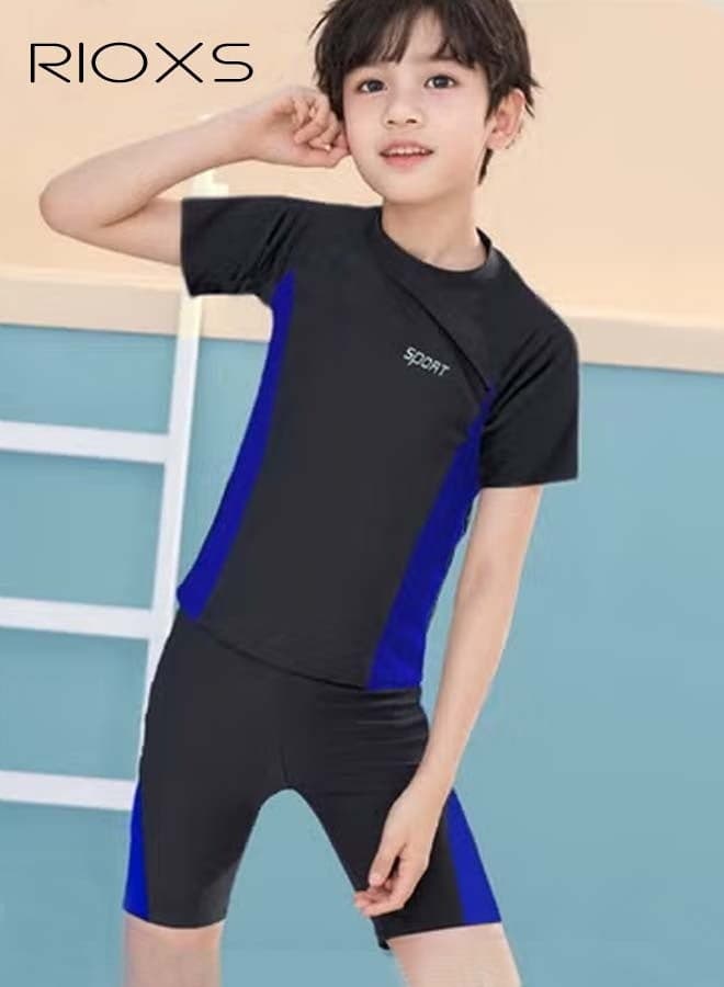 Boys' Two-Piece Swimsuit Short-Sleeve, Short-Pants Minimalist Sun Protection Swimwear Children's Water Sports Swimwear Blue Side Stripe Design Elastic Waistband Sun Protection Swim Trunks with Lining for Beach, Training, and Pool Use