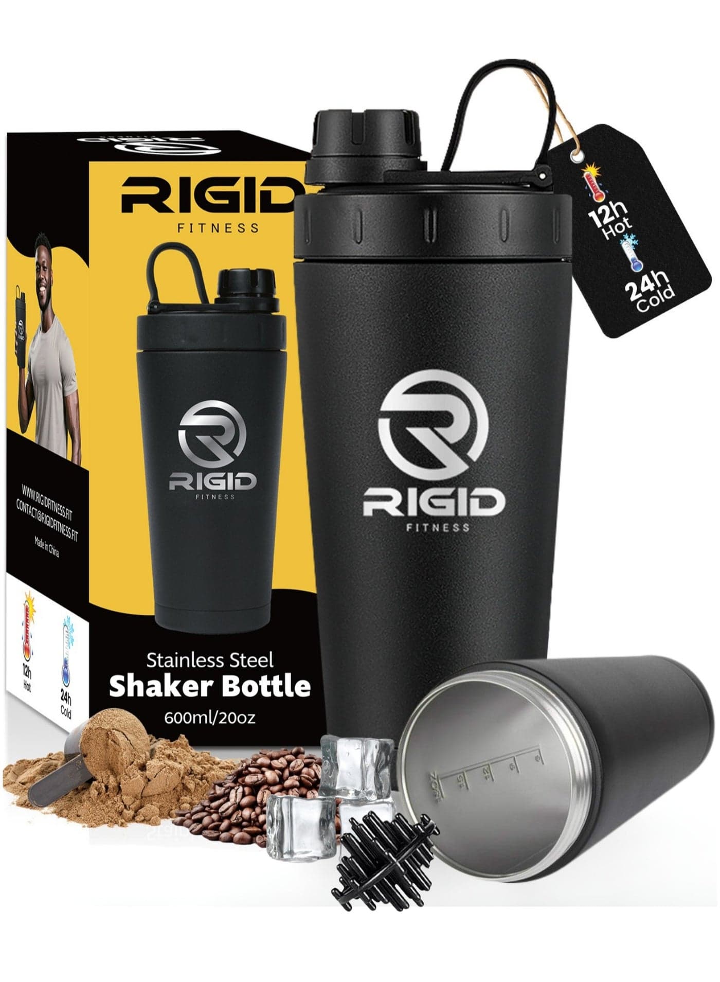 Stainless Steel Shaker Bottle 600ml (20oz) – Double Wall Insulated, Leakproof, BPA-Free | Blender Ball Protein Shaker for Gym & Fitness
