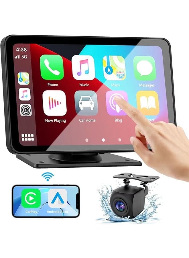 Apple Carplay Screen for Car, 7" HD Portable Car Stereo Touch Screen with Wireless Android Auto, Backup Camera, Car Audio Receivers with Voice Control, Mirror Link, Bluetooth, GPS Navigation