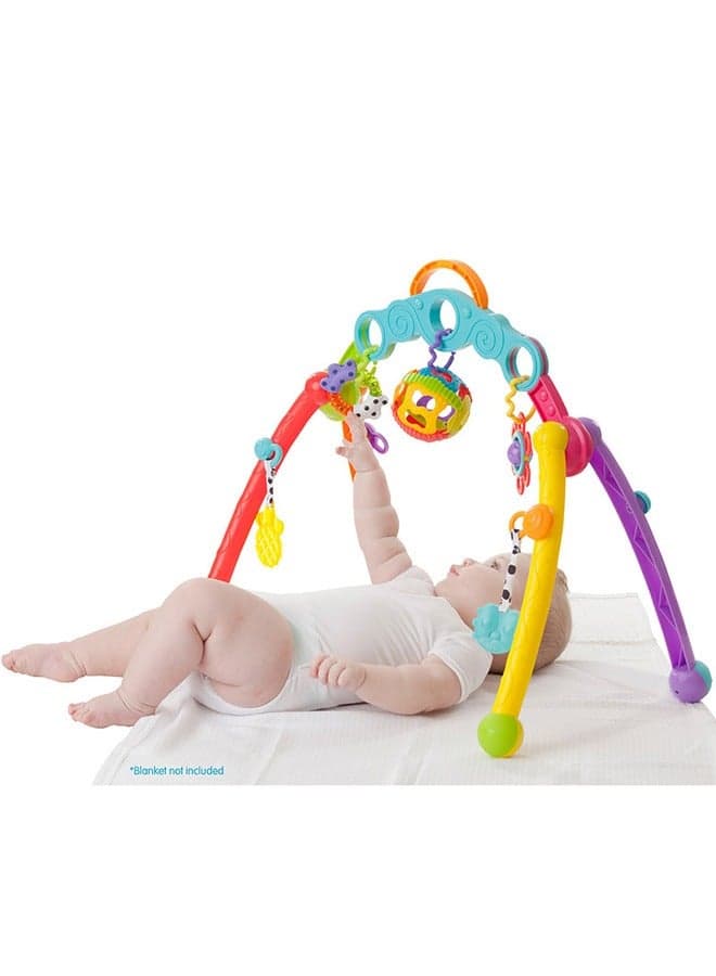 Junyji Fold and Go Activity Play Gym for Adventurous Babies, Portable Baby Gym with 5 Detachable Toys, Sensory Development, Teething Rings, A Vibrant Spinning Toy, A Roly-poly Ball, Multicolor