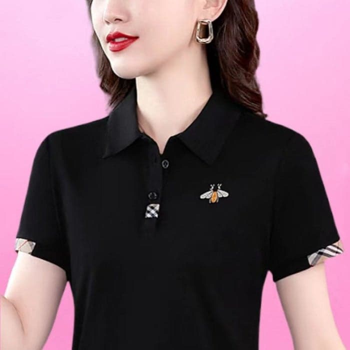Middle-aged moms elegant lapel polo shirt Womens T-shirt short sleeve Western style summer new slimming loose top YB-833 Black