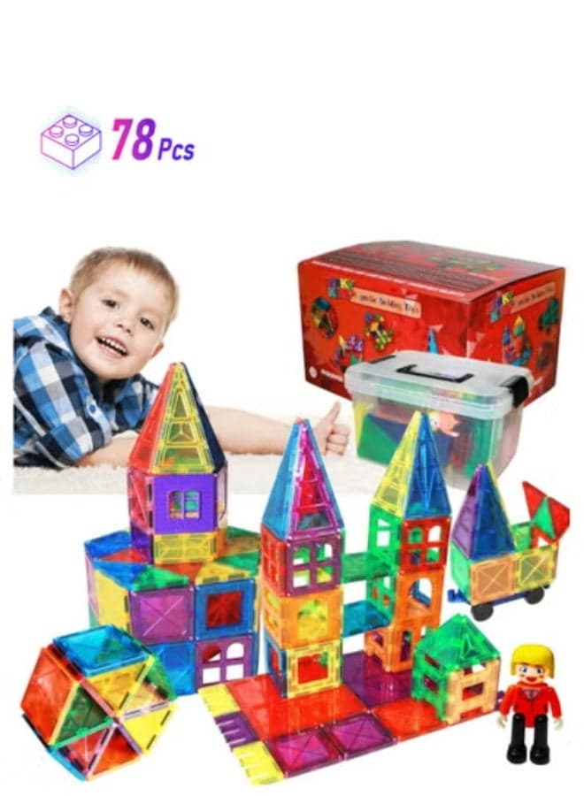 78 pcs magnetic tiles for kids, stem approved educational magnetic blocks, 3d montessori toys for boys girls, constructing structures shapes building sets for brain activity & creativity