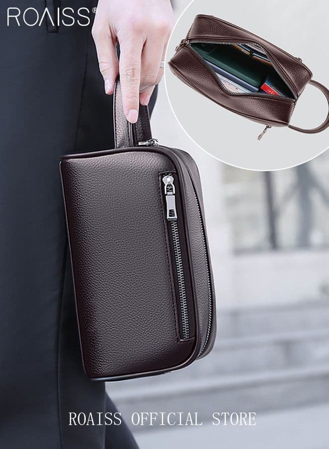 Men's Business Cowhide Leather Clutch Bag Hand Carry Large Wallet Multiple Compartments Handbag Card Holder Multi Function Large Capacity Wallet with Wristband Waterproof Brown
