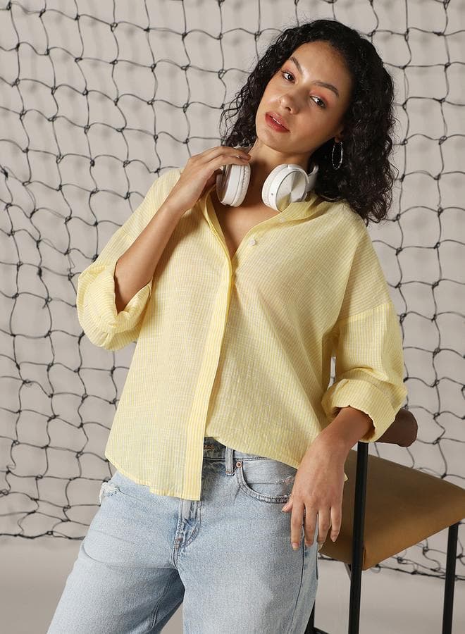 Women's Yellow 100% Cotton Striped Button Down Oversized Shirt