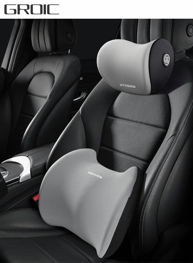 Lumbar Support Pillow and Car Headrest Neck Pillow Set,Car Back Cushion Lumbar Support and Car Neck Pillow Kit,Memory Foam Ergonomic Seat Cushion with Adjustable Strap Automotive Interior