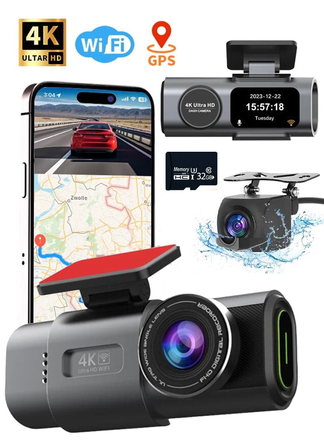 4K Dash Cam For Car 3840*2160P Dual Lens Support 1080P Rear Camera,G-Sensor, Loop Recording,WIFI GPS 24H Parking Monitoring, Night Vision, Free 32GB SD Card