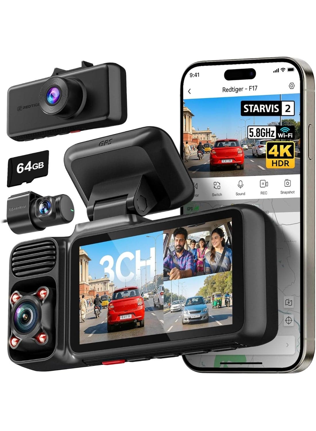 REDTIGER 4K 3 Channel Dash Cam Car 2026 Edition 5G WiFi GPS, Free 64GB Map, 4K Front + 1080P Cabin + 1080P Rear, and Indoor, Loop Recording, Triple Car Camera with 3 Inch Screen, IR Night Vision, Parking Mode STARVIS 2 IMX675 Sensor