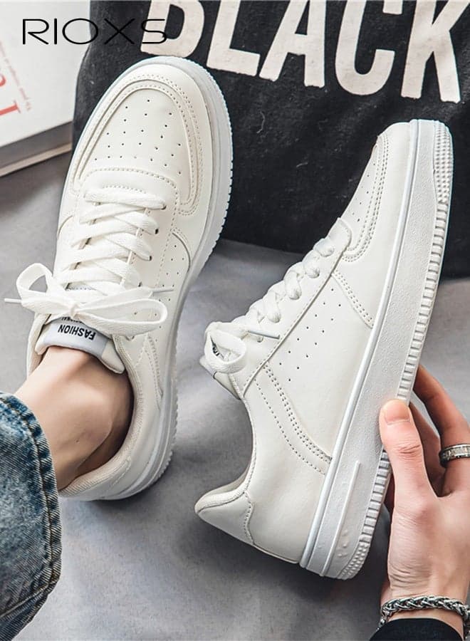 Men's Solid Low Ankle Sneakers, White Casual Leather Sneakers with Classic Lace-Up Closure for Men, Comfort Breathable Mens Athlesiure Shoe Tennis Shoes, Anti-slip Lightweight Walking Shoes for Male Work/ Darily Wear, Versatile Sneakers for Trip Gathering Dating Working