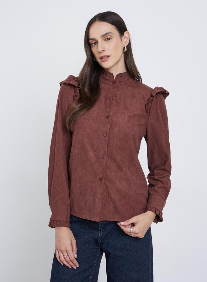 Styli Textured Relaxed Fit Buttoned Shirt with Frill Detail