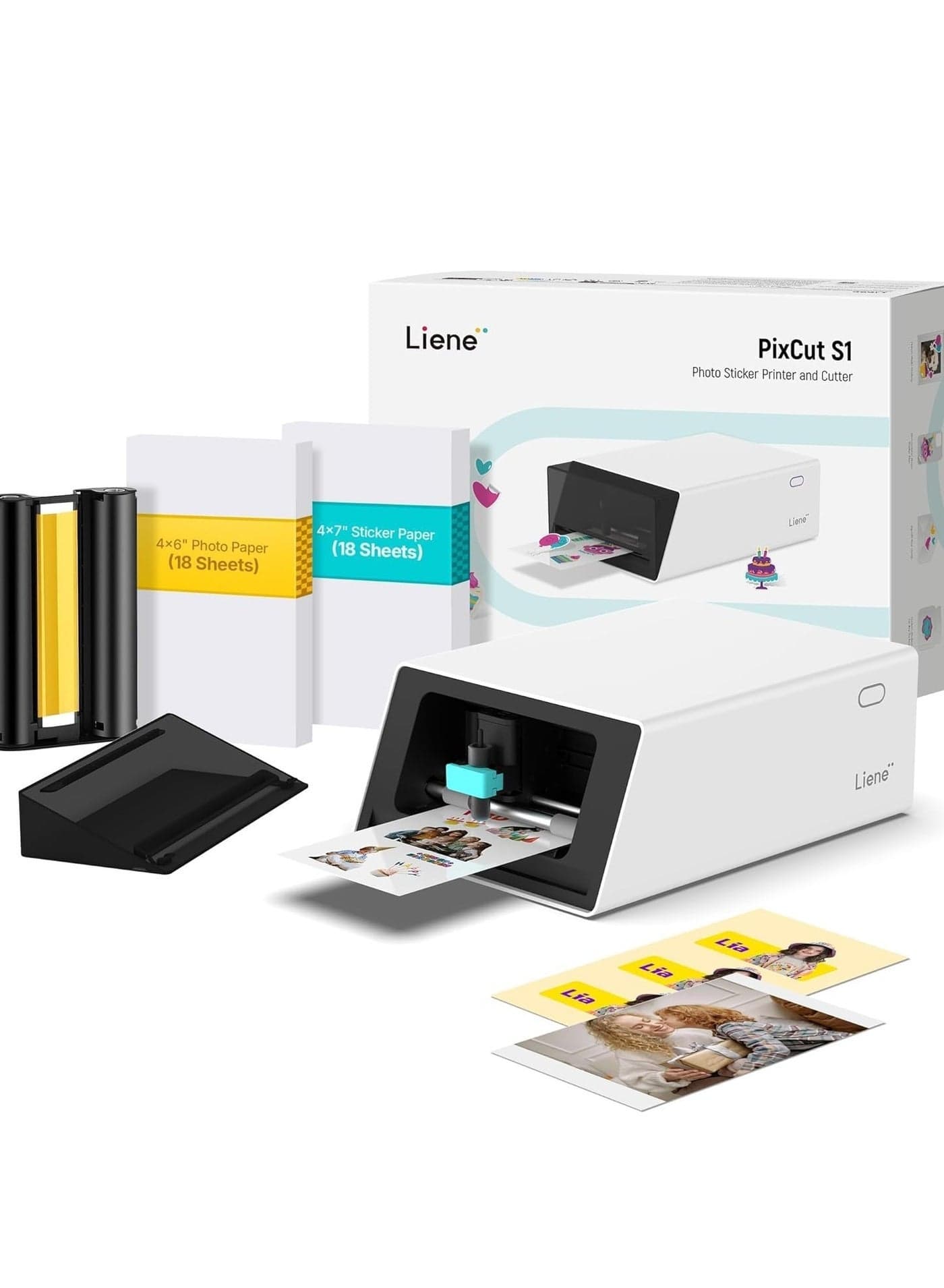 Liene pixcut S1 Color Sticker Printer & Cutting Machine - All-in-One Sticker Maker for DIY Crafts, Custom Labels & Gifts. Thermal Dye-Sublimation Photo Printer, 300 DPI, Precise AI Auto-Cutting