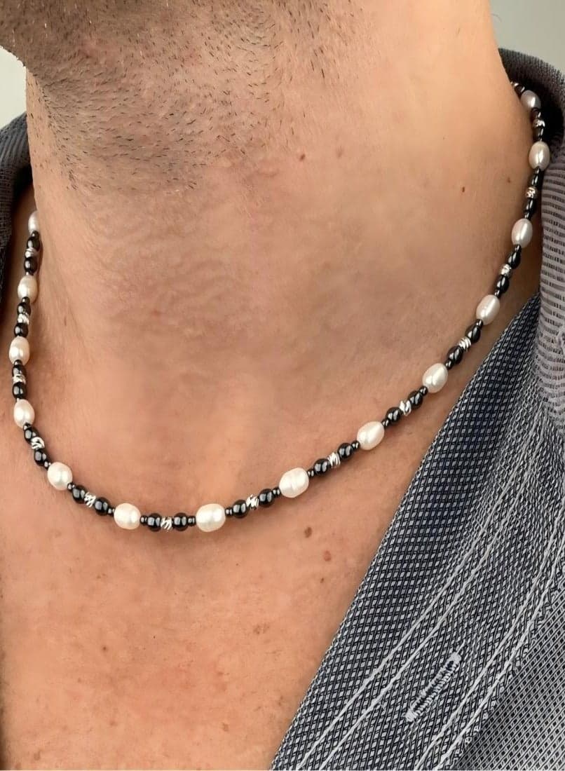 Minimalist Men’s Beaded Necklace – Black Agate with Faux Pearl, Casual & Party Jewelry