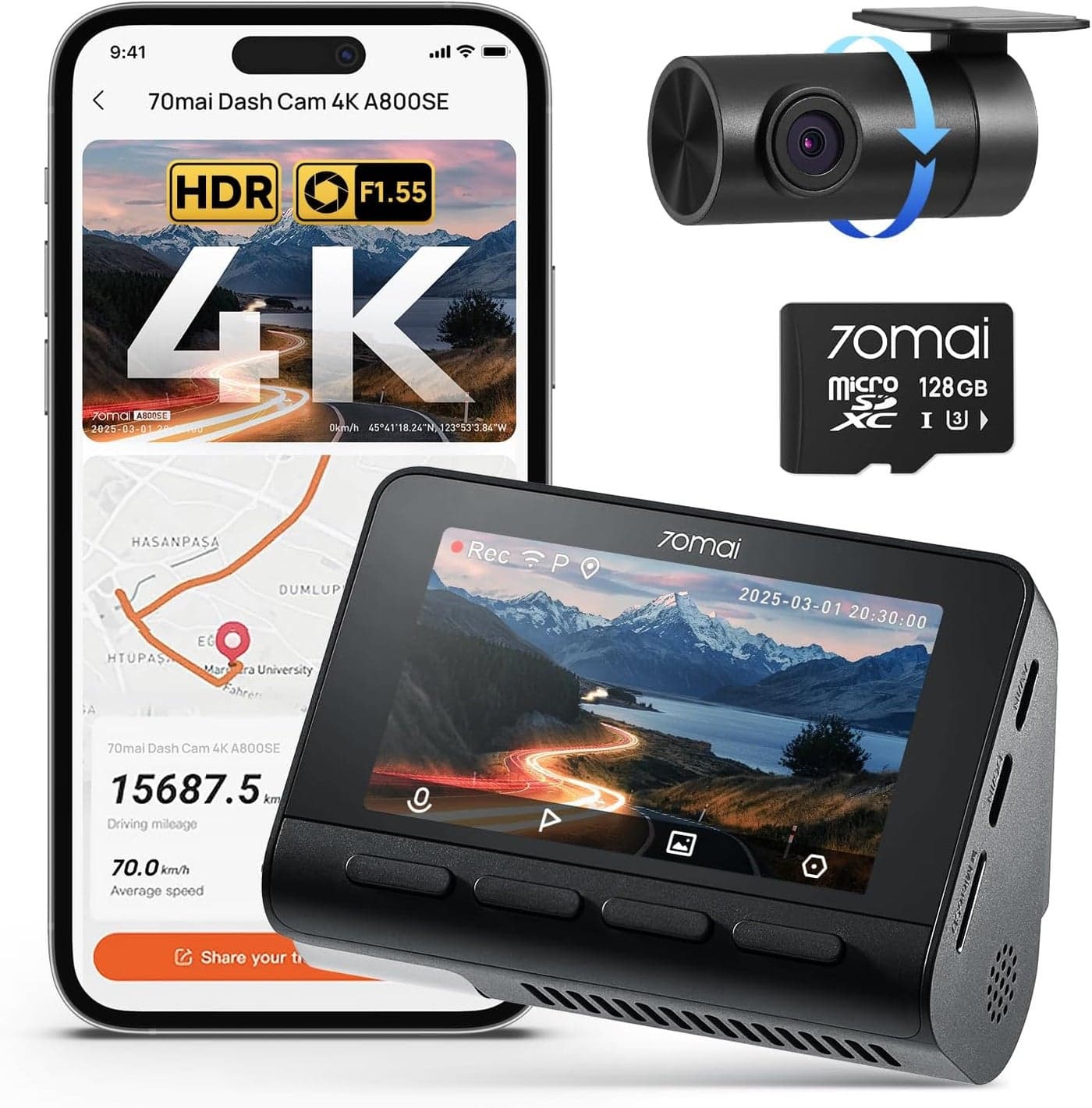 70mai A800SE 4K Dash Cam with 1080P Rear Camera and 128GB Memory Card
