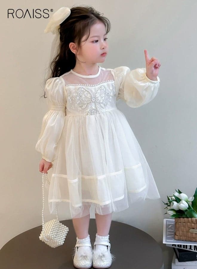 Toddler Girls Tulle Dress with Bow Headdress, Stylish A-line Dress with Back Zipper, Round Neck Puff Sleeve Frock, Elegant Princess Dress for Girls, Suitable for Birthday Parties, Photo Shoots or Any Special Occasion
