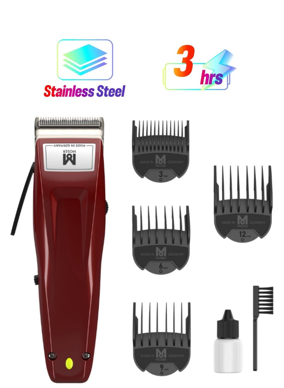 1400 Cordless Professional Hair Clipper For Men (Made In Germany) | High-Grade Stainless Steel Blade Set | Multiclick Adjustment | 3-Hour Battery Life And Fast Charging (1430-0050) Burgundy