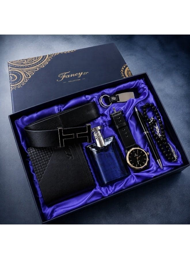 7 PCS Deluxe Gift Leather Sets - Quartz Watch ,Belt, Wallet, Perfume ,Rosary ,Keychain, Ballpoint Pen,Business Men Gift