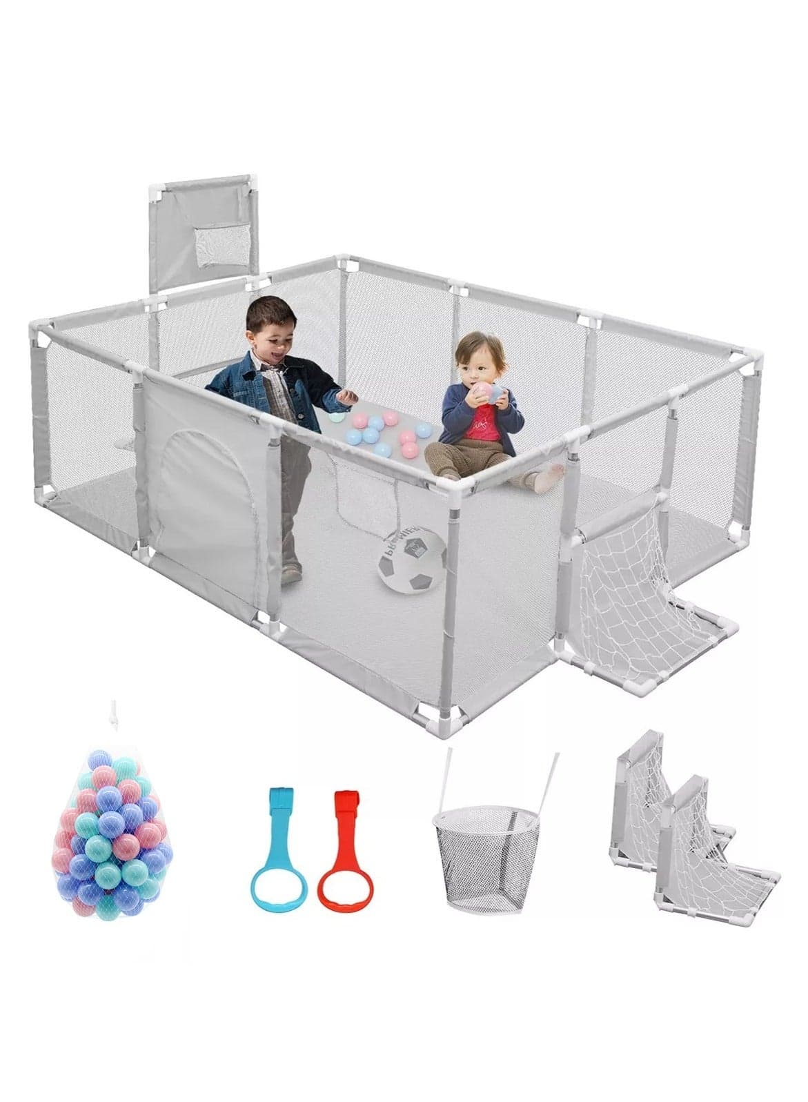 Baby Playpen, Large Kids Baby Ball Pit, Portable Indoor Outdoor Children's Fence Play Pen Activity Center, Play Pen with Ocean Balls Hanging Pocket Basketball Hoop and Football Goal