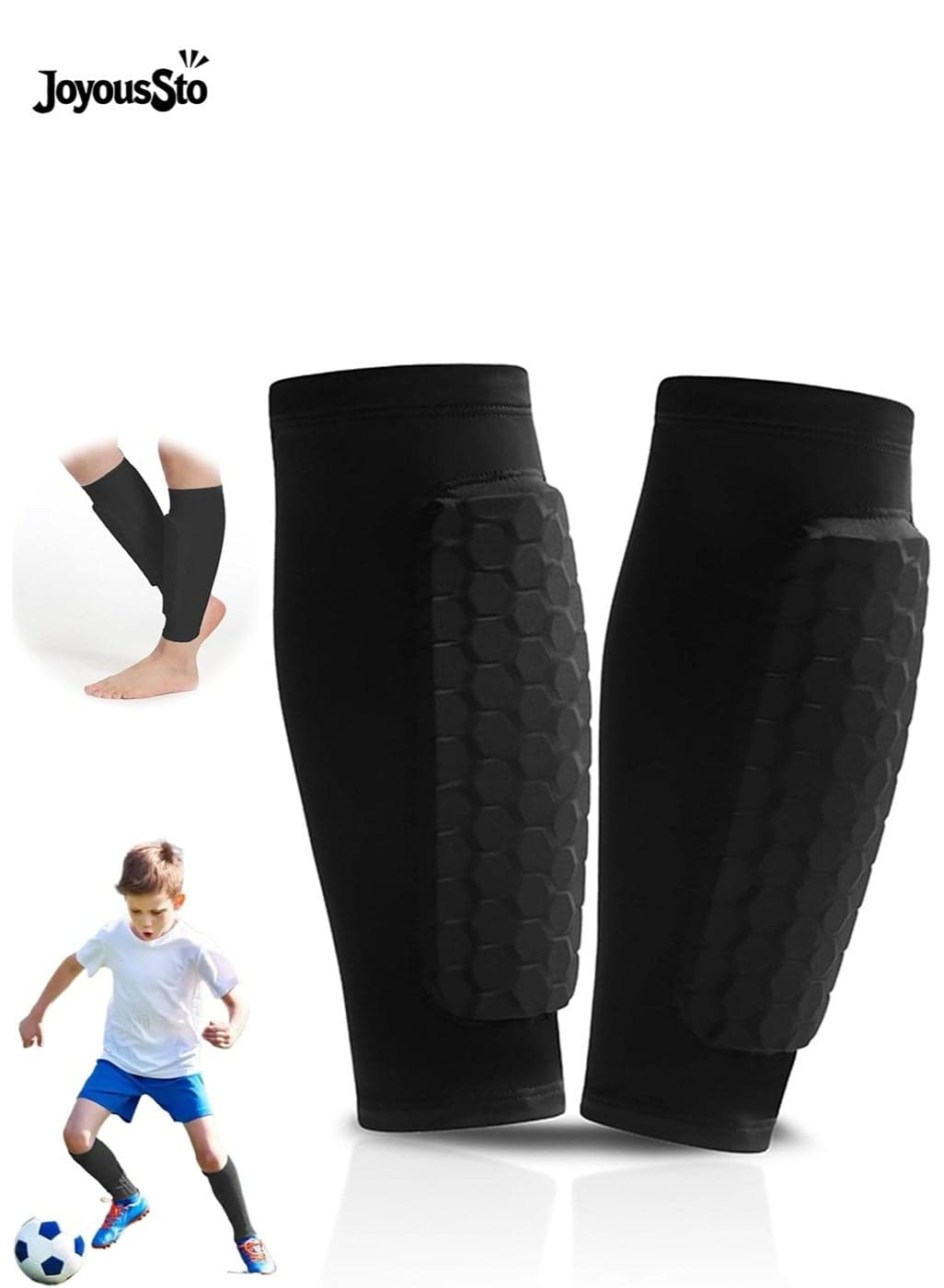 2 Pcs Soccer Shin Guards, Shin Defender for Kids Youth Adults, Lightweight Calf Compression Sleeves with Honeycomb Pads, Football Baseball Basketball Taekwondo Protective Gear, Anti-Slip Design,Black