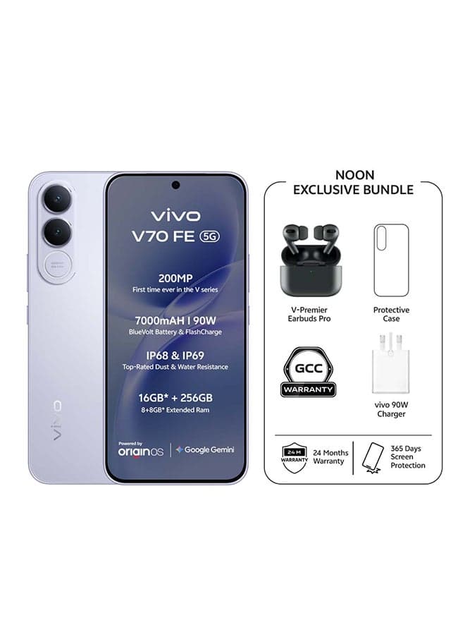 V70 FE 5G AI Dual SIM Titanium Silver 8GB 256GB With Exclusive Gifts: TWS Pro 90W Charger, Protective Cover, 4-year free battery replacement And 24 Months Warranty + 1 Year Screen Replacement - Middle East Version