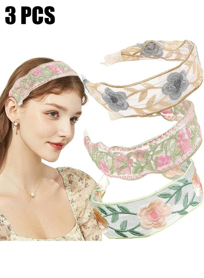 3 PCS Floral Embroidery Headbands Cute Spring Summer Flower Printed Headband Mesh Elastic Embroidery Hairbands Wide Boho Mesh Fabric Hair Bands Comfortable Non Slip Hair Accessories for Women Girls