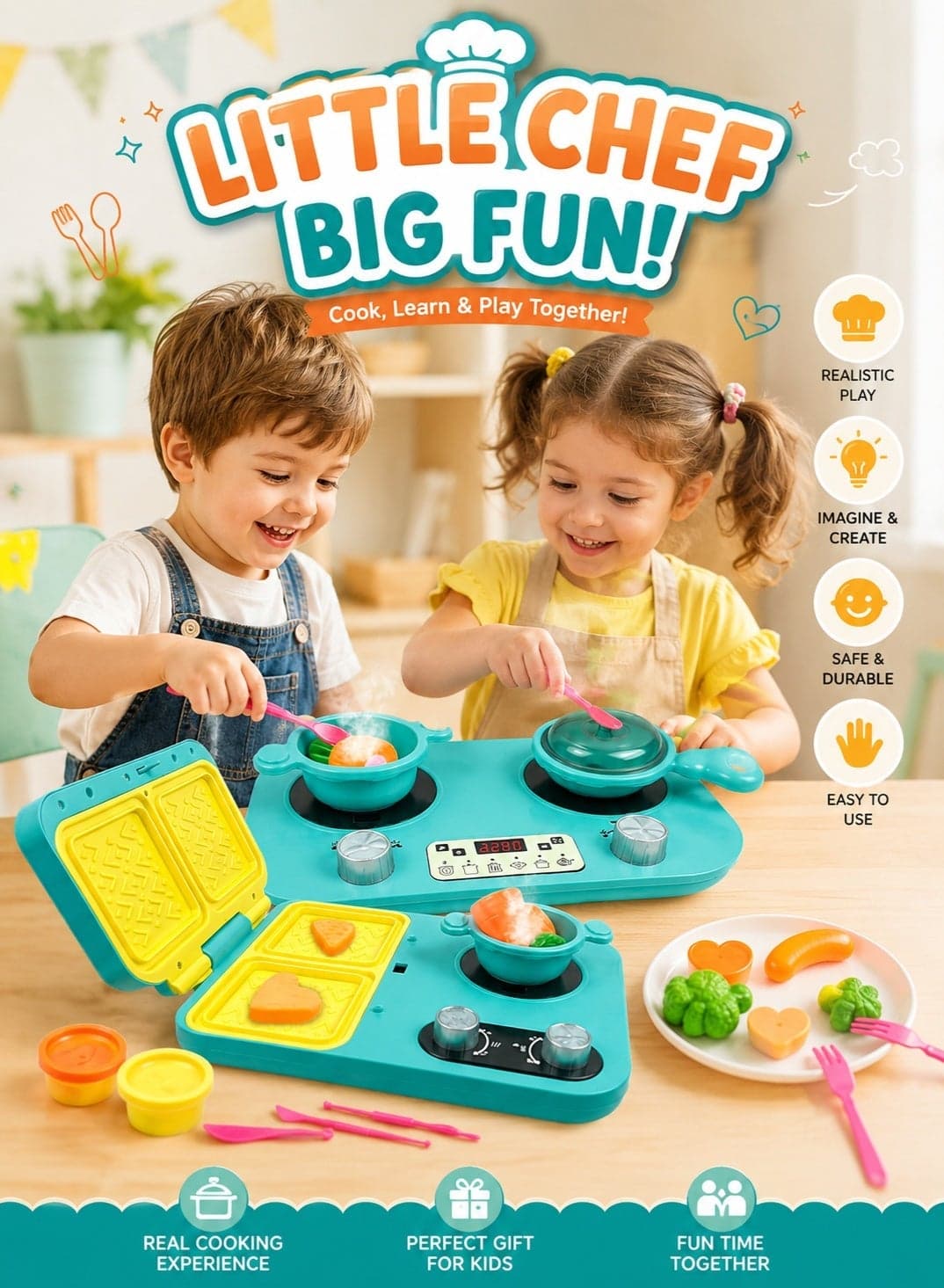 Toy Kitchen Playset For kids , Teal with DIY Clay, Electric Spray, Lights and Music, for Kids Imagination & Creativity for Ages 3 4 5 ,Set Learning Toys for Kids