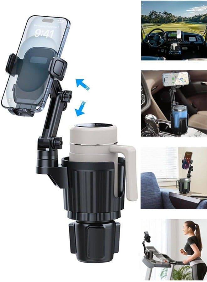 2 in 1 Car Phone Holder for Car Cup Holder with Adjustable Base, Phone Holders for Car Cupholder, No Shaking 360° Flexible Neck Phone Mount for All 4-7” Smartphones, Cup Holder for Most Bottles, 1Pack