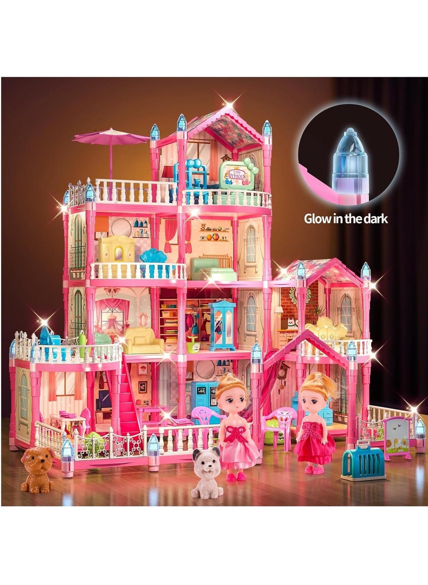 4-Story Dollhouse with Glow in The Dark, Girl Toys Doll House Playset with 2 Dolls,12 Play Areas, Furniture and Accessories, Princess Gift Toys for Girls Ages 3-9 ,Pink