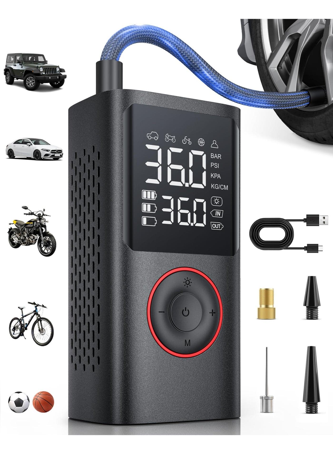 Portable Tire Air Compressor, 150PSI Cordless Bike Pump, Car Motorcycle Bike Air Pump Balls with Pressure Gauge, LED Light and Accessories