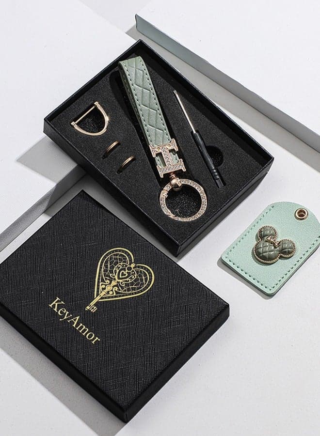 Elegant metal and quilted leather keychain car key holder for adults. Includes a matching AirTag holder.Stylish keychain with golden crystal-accented rings, perfect for women, featuring 3 key rings for added functionality. Made with elegant mint green leather, offers 360-degree rotation, and comes in a fancy gift box, making it a perfect gift choice.
