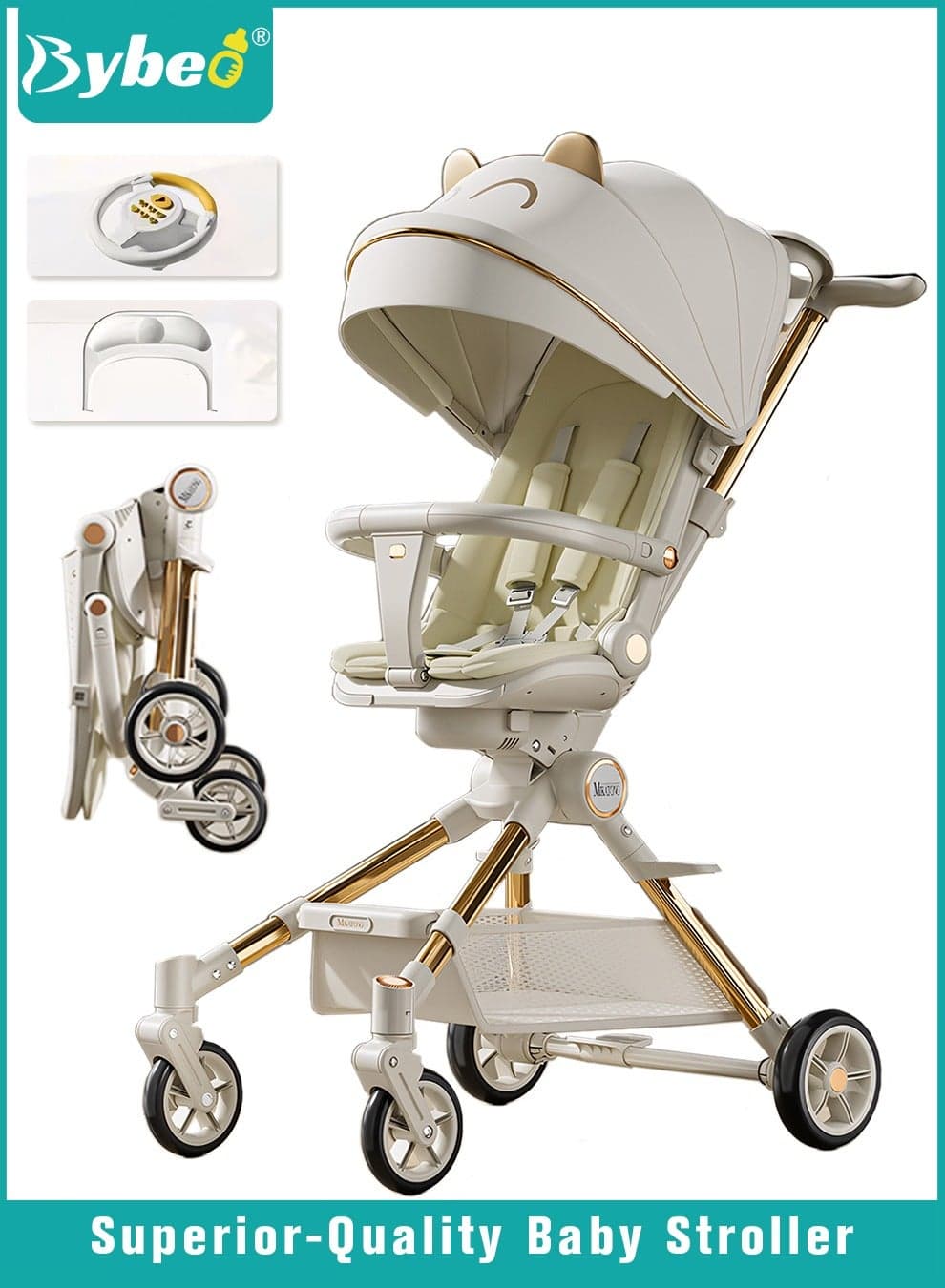 Lightweight Baby Stroller, Multifunctional Travel Cabin, One-Hand Folding Babies Strollers for Newborn, Infant, Kids with Dinner Plate, Steering Wheel toy, Sunshade and Reversible Reclining Seat