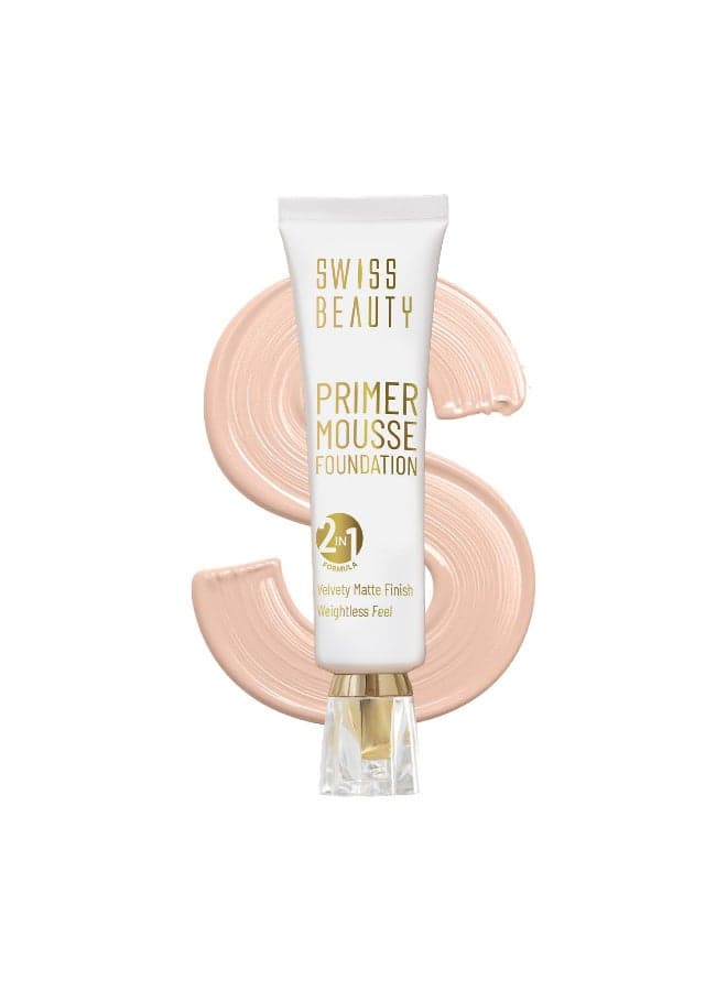 Swiss Beauty Primer Mousse Foundation Weightless Smooth & Velvet Touch, Face Makeup, Natural Beige, 30ml