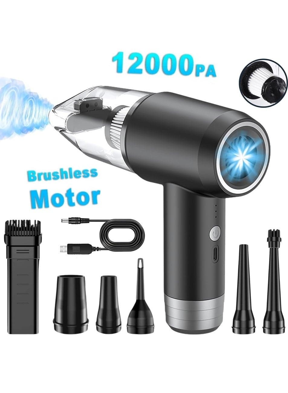 Car Vacuum Cleaner Cordless and Air Duster ,Air Blow Powerful brushless motor 12000PA Handheld Vacuum With 4000 mAh battery and safety hammer, Portable Multi-Nozzles for Car, Keyboard, Home, Office, Kitchen