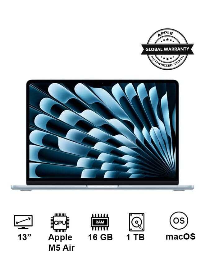 New 2026 MacBook Air MDHK4 | 13 Inch Display | Apple M5 Air | 10-Core CPU 10-Core GPU | 24GB RAM | 1TB SSD | macOS | English Keyboard | Sky Blue