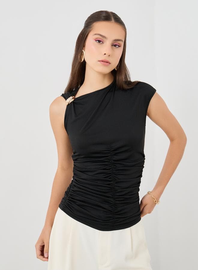 Take Two Solid Sleeveless Asymmetric Neck Top